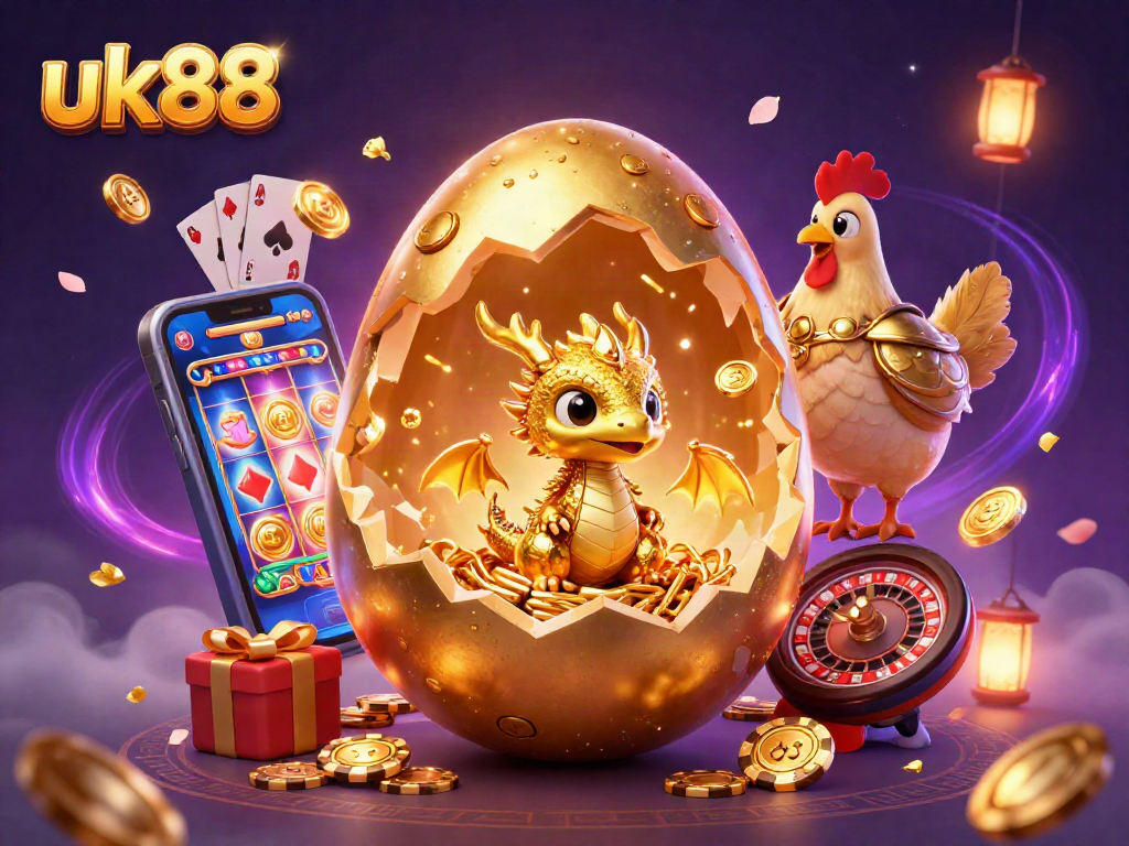 Join the excitement at uk88 with a golden dragon emerging from a jackpot, portraying the thrilling casino experience.