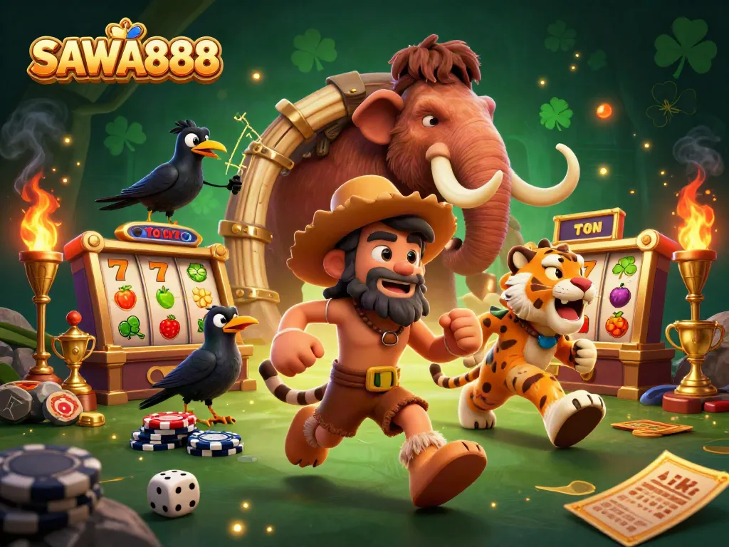 SAWA888 showcases a captivating prehistoric casino with unique characters and gaming elements.