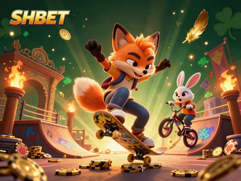 Engage with SHBET through an exciting 3D scene featuring a fox and rabbit in a vibrant casino atmosphere.