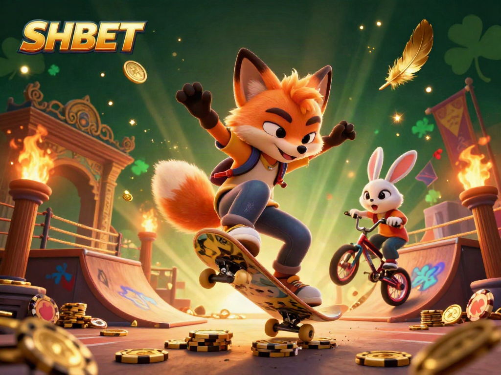 Engage with SHBET through an exciting 3D scene featuring a fox and rabbit in a vibrant casino atmosphere.