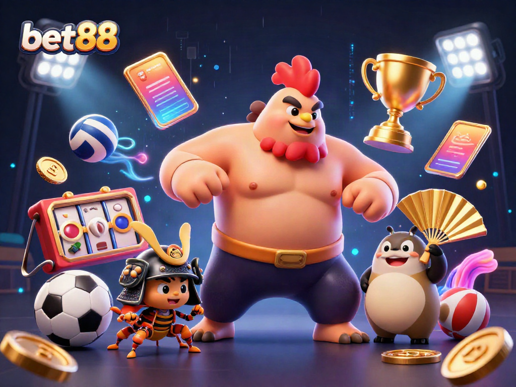 Engage with the thrilling atmosphere of bet88 featuring a powerful sumo rooster and a fierce cricket in a vibrant casino scene.