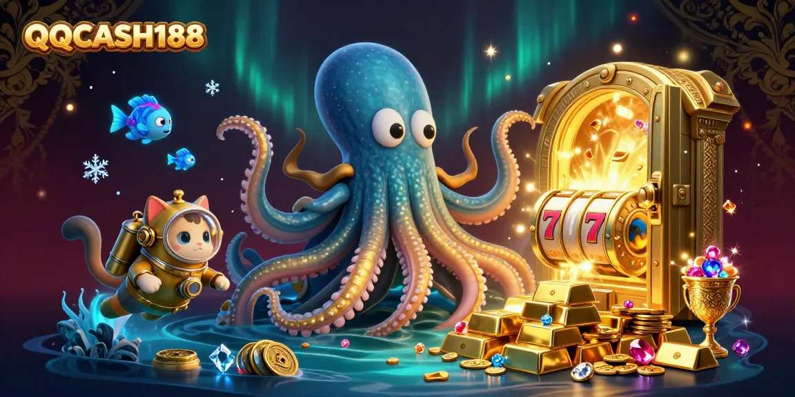 Experience thrilling slots with QQCASH188 in a vibrant treasure-filled scene featuring a kraken and dynamic elements.