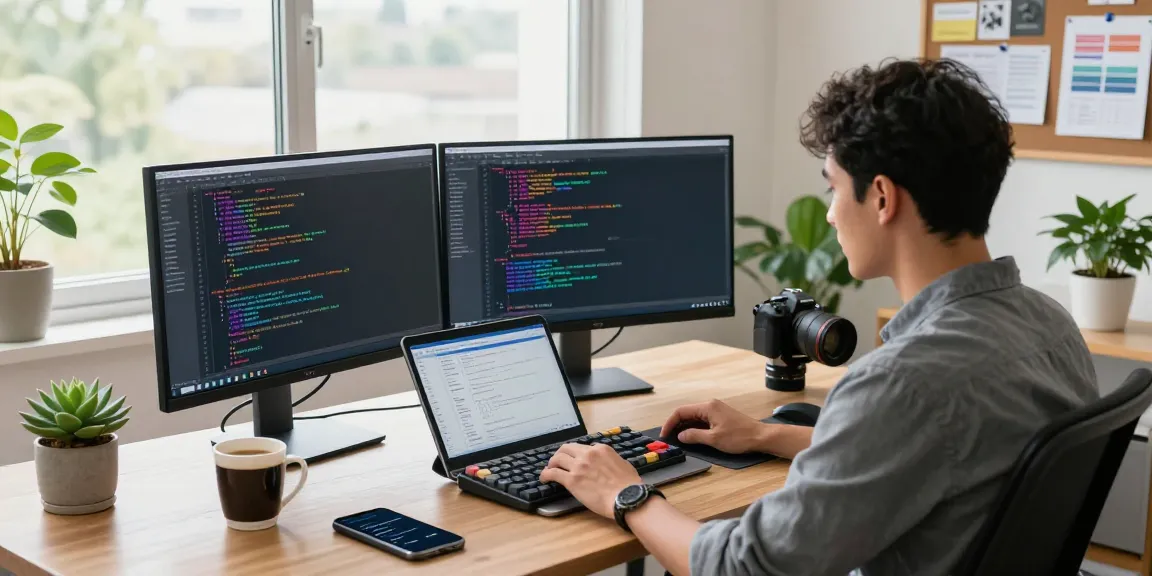 Software engineer coding at dual monitors in a modern office, showcasing crushon ia development tools and a vibrant workspace.