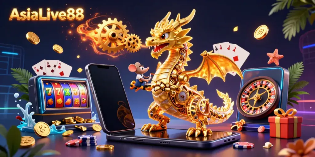 Experience thrilling gameplay at AsiaLive88 with immersive 3D elements featuring a golden dragon, slot games, and casino action.