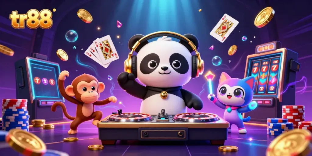 Experience excitement with tr88 as a DJ panda spins roulette wheels amid vibrant casino action.