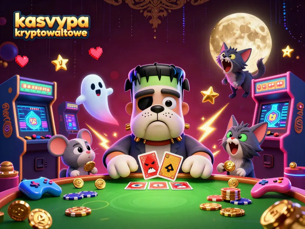 Engage in kasyna kryptowalutowe with a rich 3D scene featuring a bulldog dealer, a ghost mouse, and gaming elements.