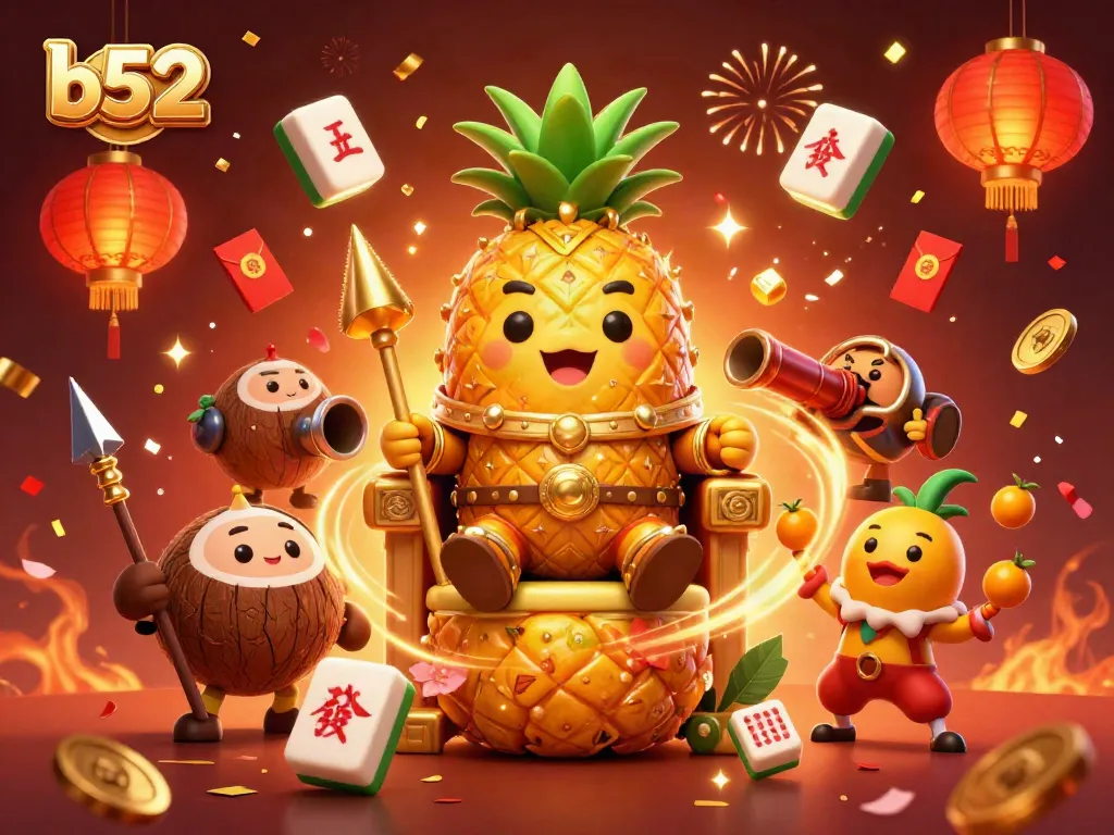 B52 game action with a golden pineapple king and festive casino elements celebrating a big win.