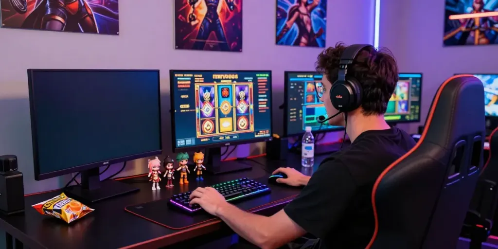 Player engaged in online slot games on a high-resolution monitor in a vibrant gaming atmosphere with server Thailand highlighted.