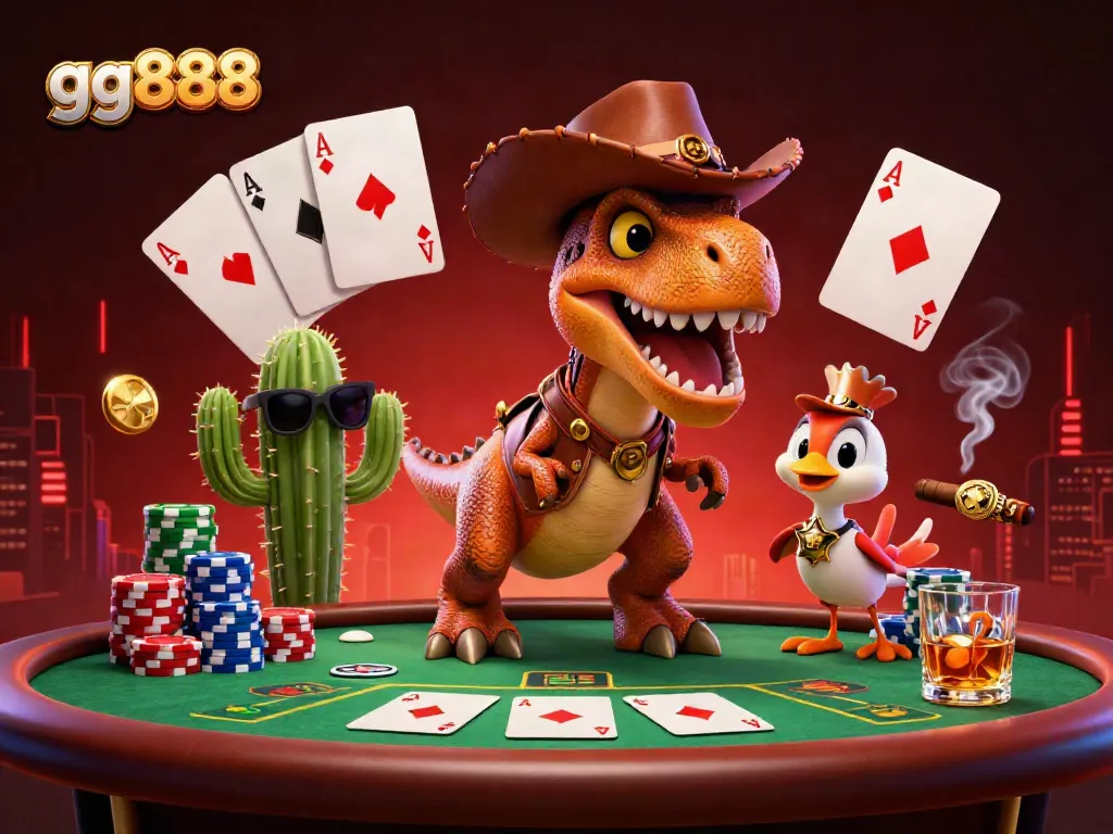 Join the action at gg888 with a dynamic 3D scene showcasing poker excitement and vibrant characters.