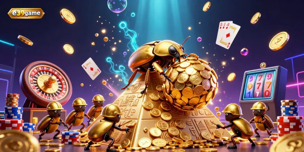Experience thrilling gameplay with e39game featuring a vibrant 3D scene filled with golden coins and casino symbols.
