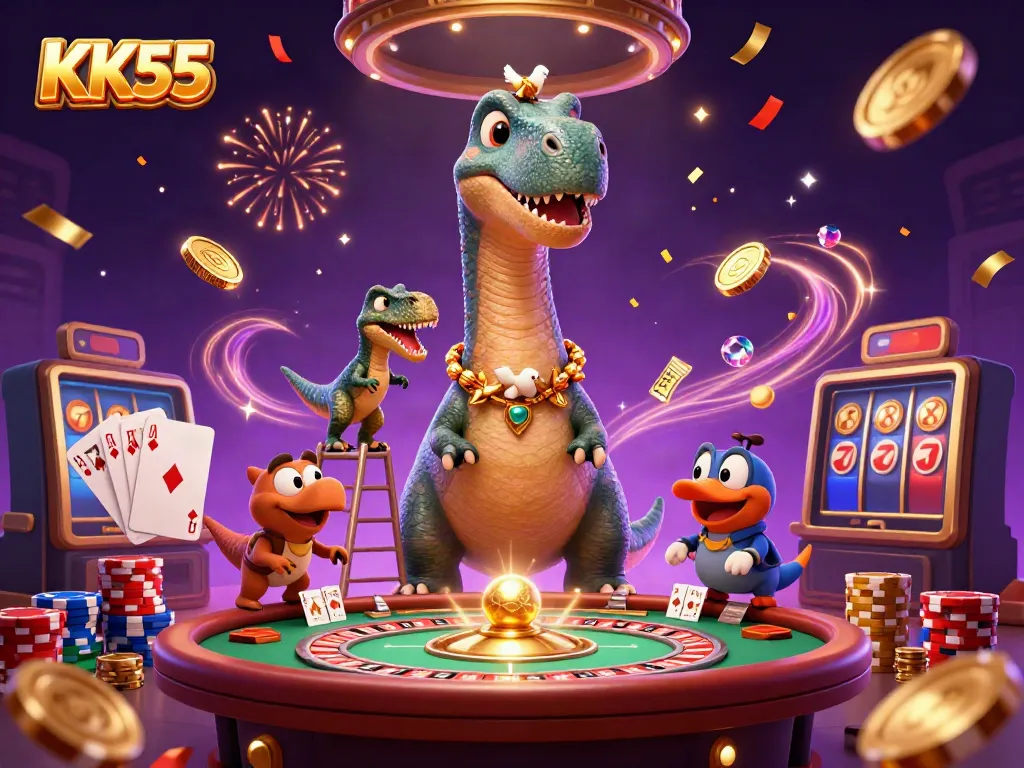 KK55 showcases a vibrant casino scene with a brontosaurus and clever raptor amidst scattered chips and confetti