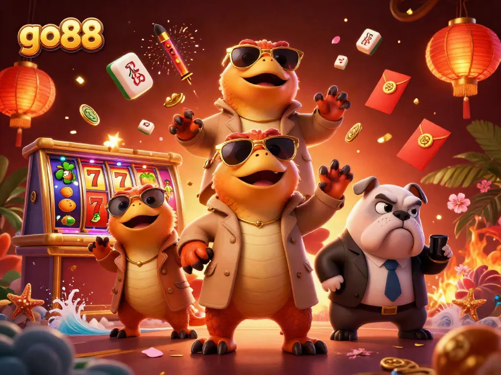 Engage with go88's vibrant casino world through an ultra-detailed 3D scene of raptors in disguise, symbolizing fun.