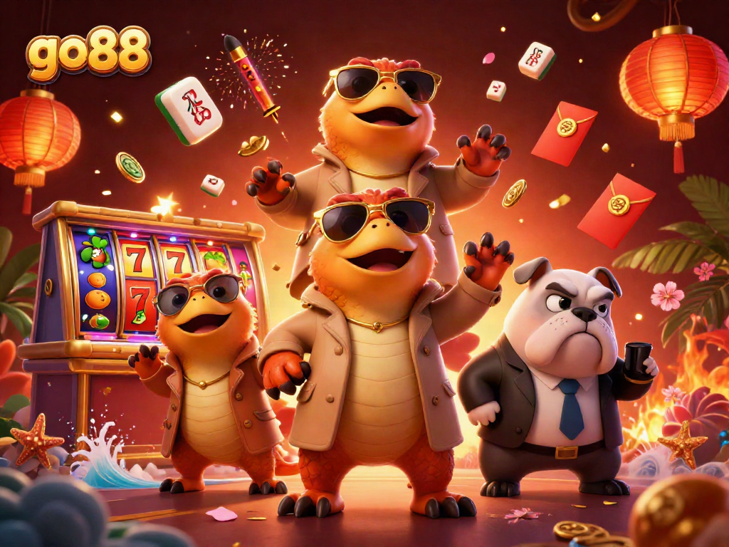 Engage with go88's vibrant casino world through an ultra-detailed 3D scene of raptors in disguise, symbolizing fun.
