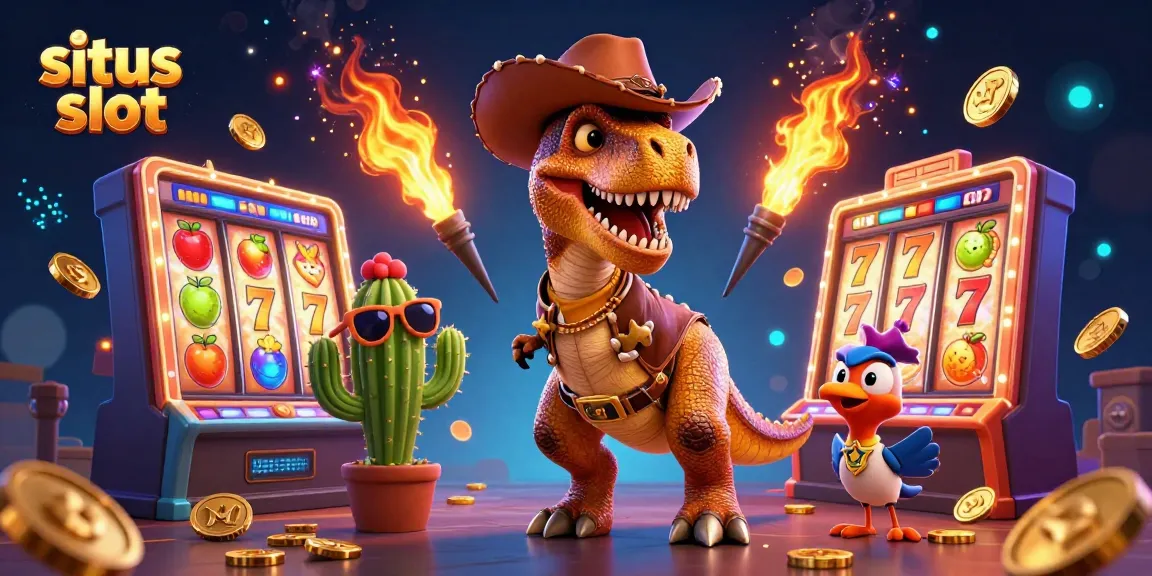 Situs slot showcasing a T-Rex cowboy and friends playing fun slot machines with lucky 7s and gold coins.