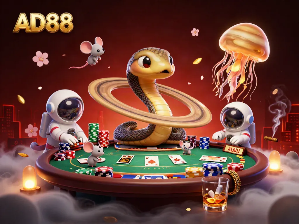 AD88 showcases a cosmic roulette with astronaut mice betting amidst vibrant casino elements.