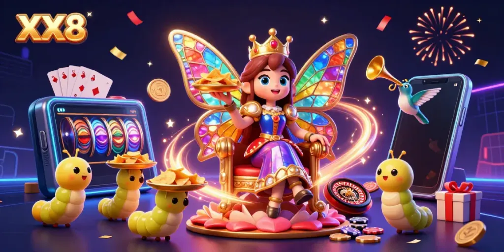 Place bets with XX8's colorful slot game experience featuring vibrant characters and animated elements.