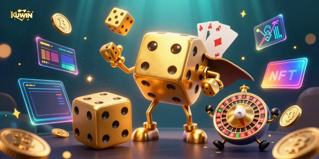 Engaging scene featuring KUWIN's golden dice golem and dynamic game elements, showcasing vibrant casino action.