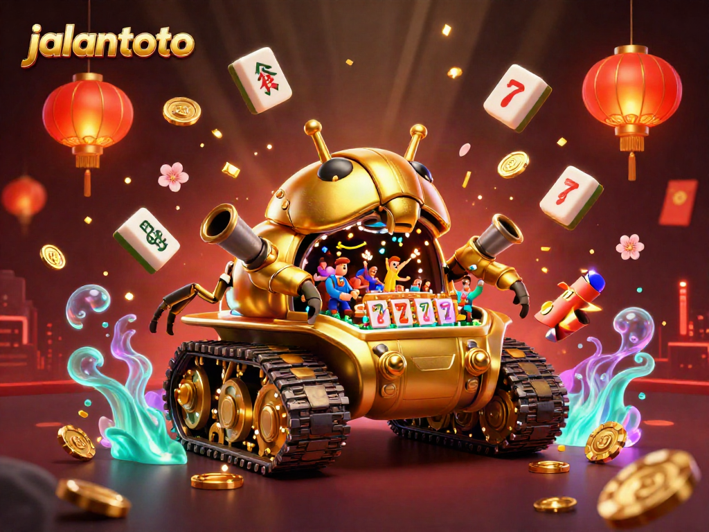 Experience exciting gaming action at jalantoto with a vibrant 3D casino illustration filled with slots and joyful patrons.