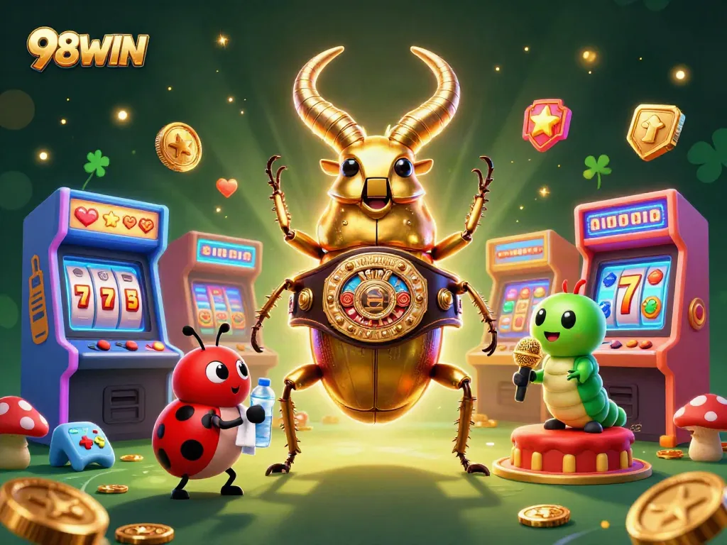 Experience the thrill of 98WIN with vibrant casino games and captivating characters in a dynamic illustration.