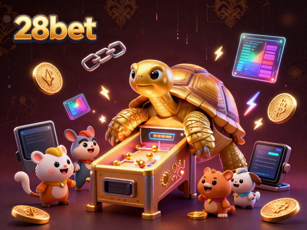 Engage in the exciting world of 28bet where small animals enjoy a golden tortoise pinball machine amidst vibrant casino elements.