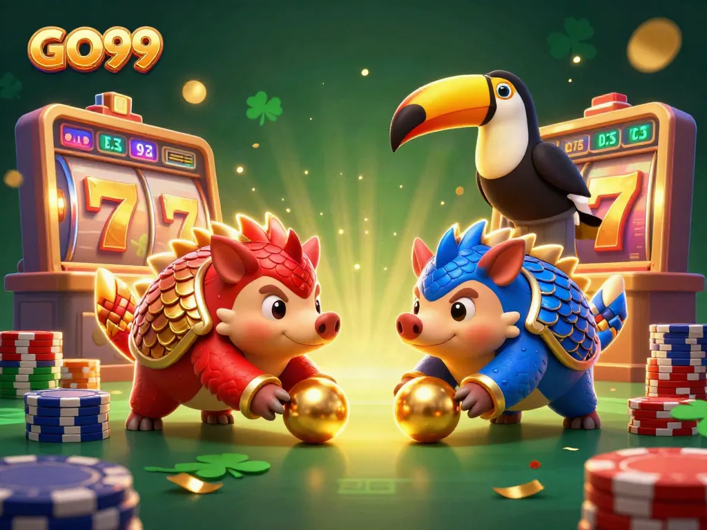 GO99 showcases a thrilling 3D scene with pangolins and casino elements for an engaging gambling experience.