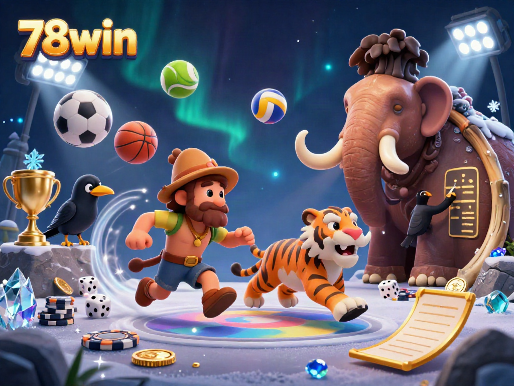 Experience the thrill of 78win with dynamic characters in a rich, prehistoric casino scene.