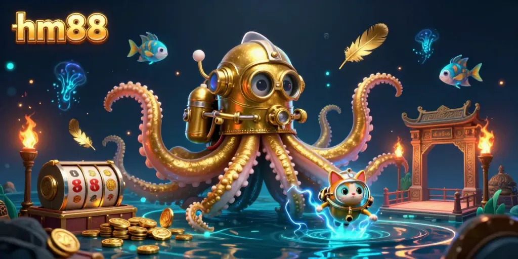 Experience the excitement of hm88 with a colossal kraken, diving cat, and casino elements in a dazzling ocean setting.