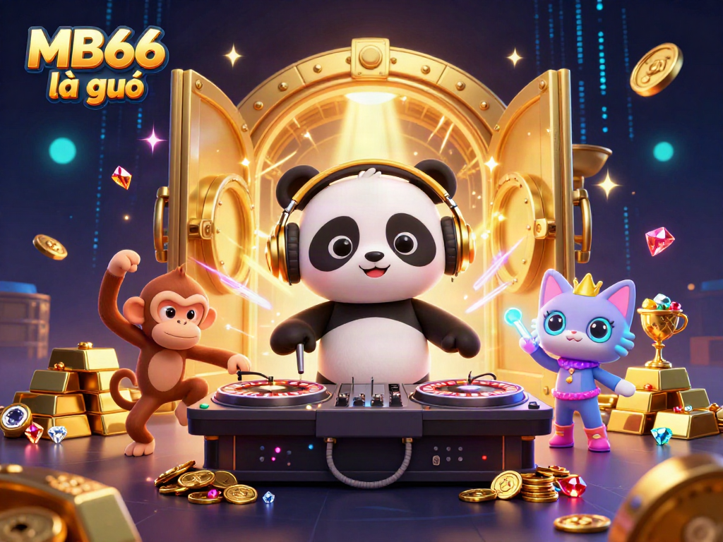 Experience the vibrant 3D scene of MB66 là gì with a DJ panda spinning roulette wheels at a dazzling casino.