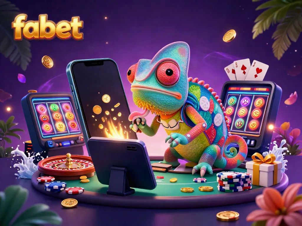 Get ready to win with fabet's vibrant casino-themed illustration featuring a colorful chameleon and exciting game elements.