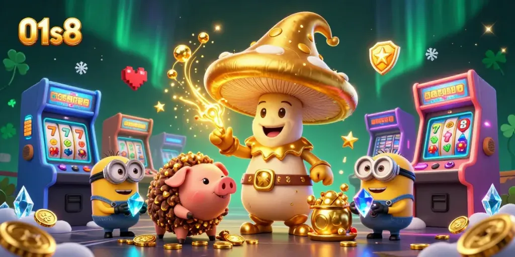 Engage in thrilling gaming at 01s8 with golden wizard, treasures, and vibrant arcade elements.