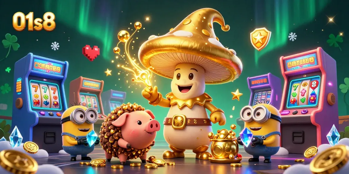 Engage in thrilling gaming at 01s8 with golden wizard, treasures, and vibrant arcade elements.