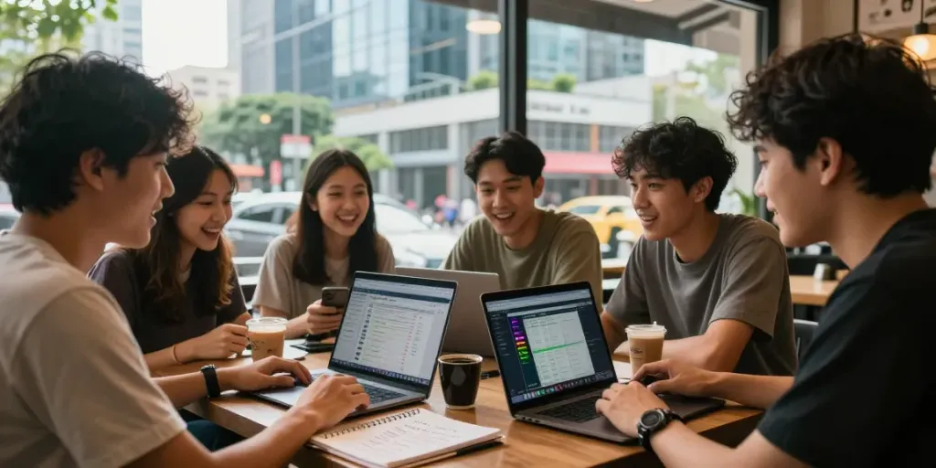 Kumpulan teman mendiskusikan strategi Bandar Togel di kafe, dengan laptop dan catatan.
