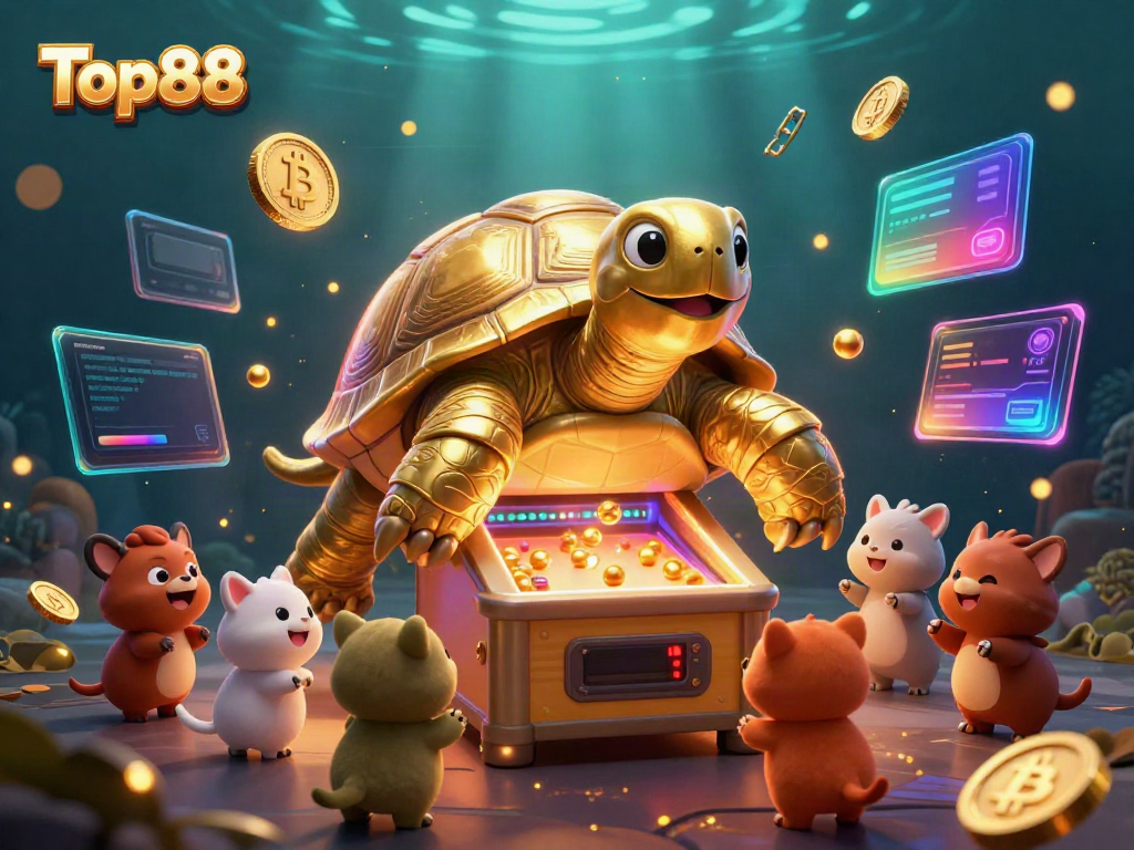 Engage with Top88 in a vibrant 3D casino scene featuring a golden tortoise pinball machine and crypto elements.