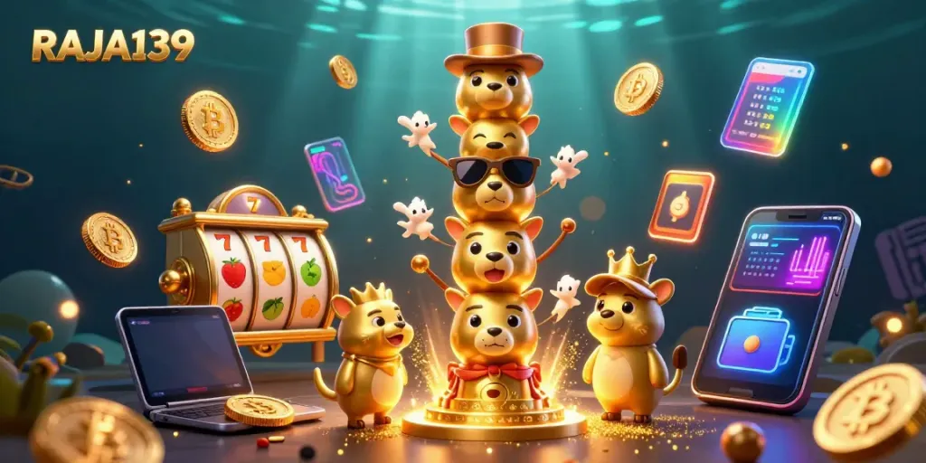 Play slots with RAJA139's vibrant casino scene featuring a golden totem and Bitcoin coins.