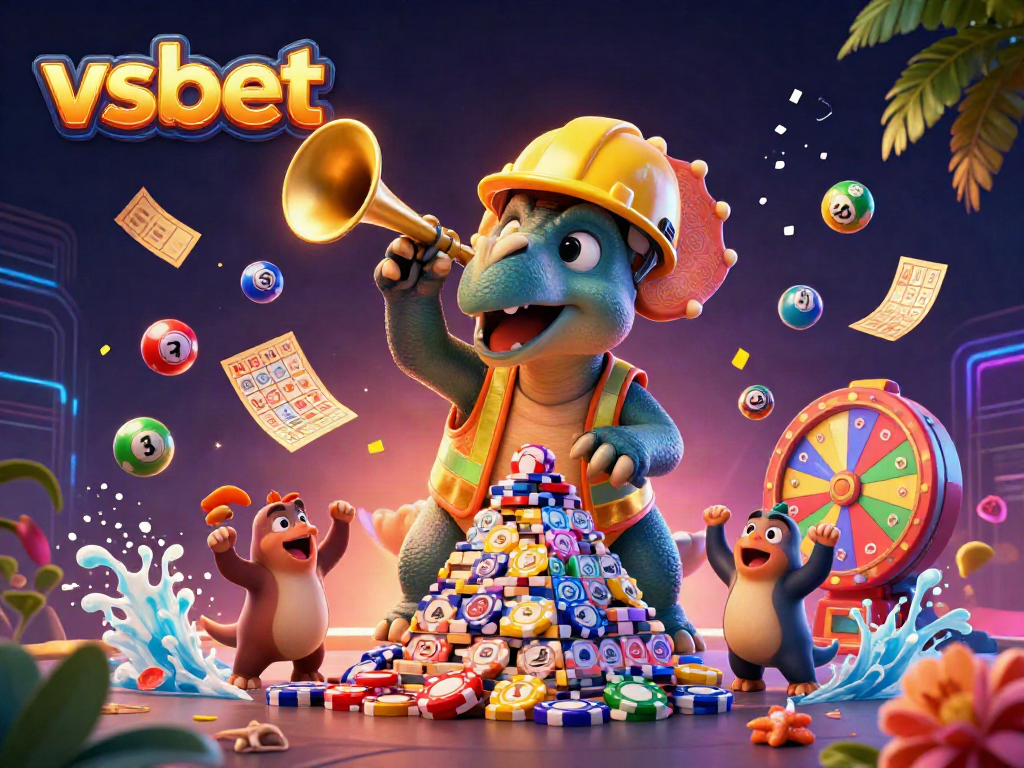 Cheerful scene of a triceratops and a parasaurolophus celebrating with vsbet lottery elements, showcasing vibrant gaming excitement.