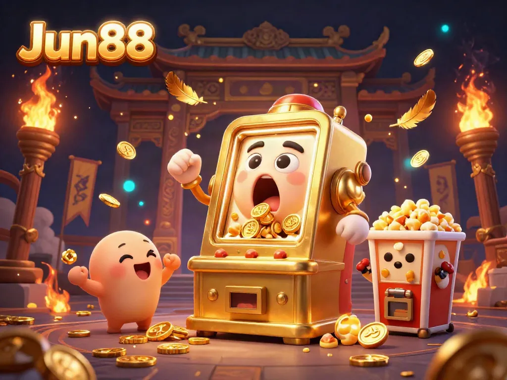 Experience the excitement at Jun88 with a golden slot machine hitting a jackpot amidst cheering baby slots and golden coins.