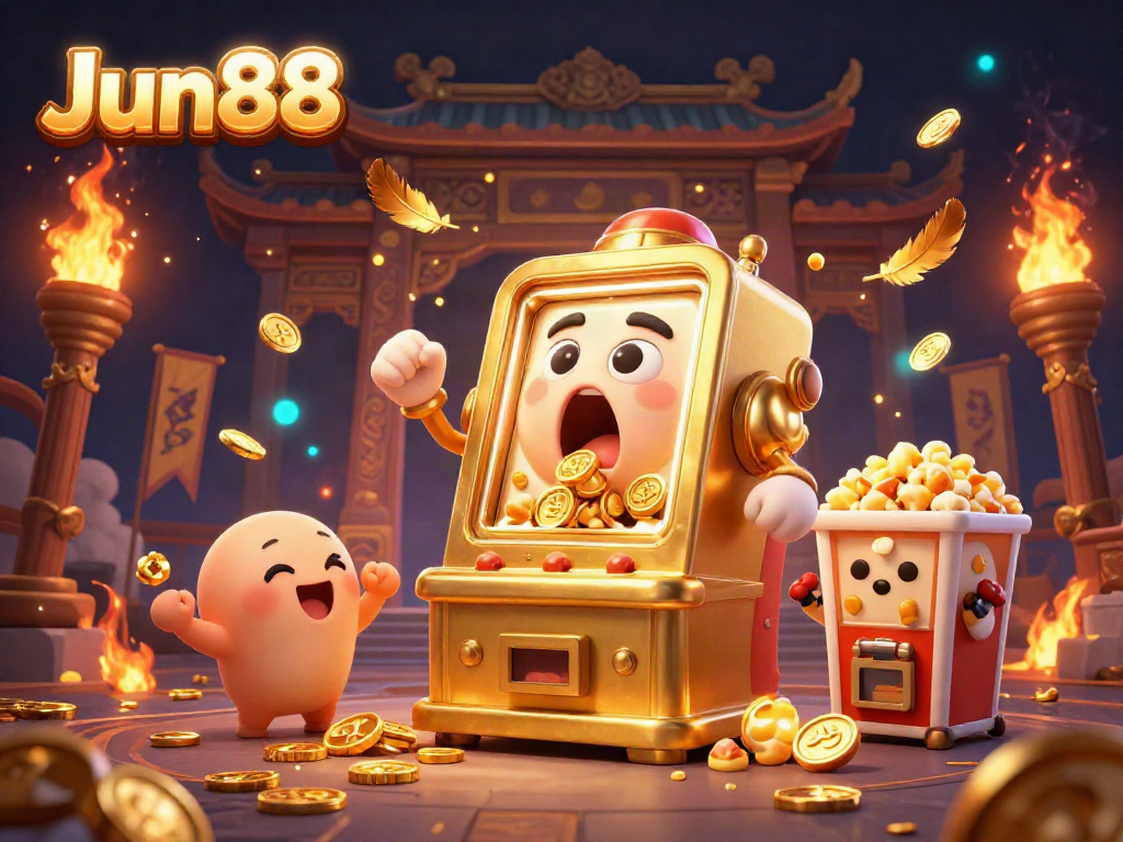 Experience the excitement at Jun88 with a golden slot machine hitting a jackpot amidst cheering baby slots and golden coins.