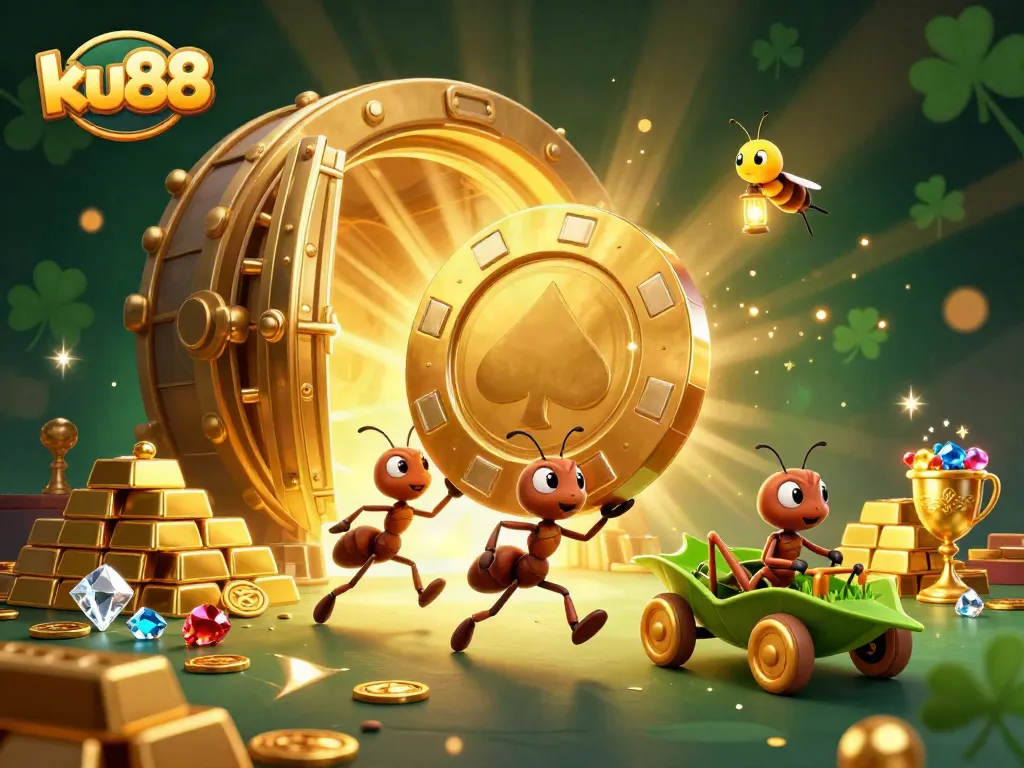 Join the heist at ku88 as ants carry off a giant golden poker chip amidst a treasure-filled scene.