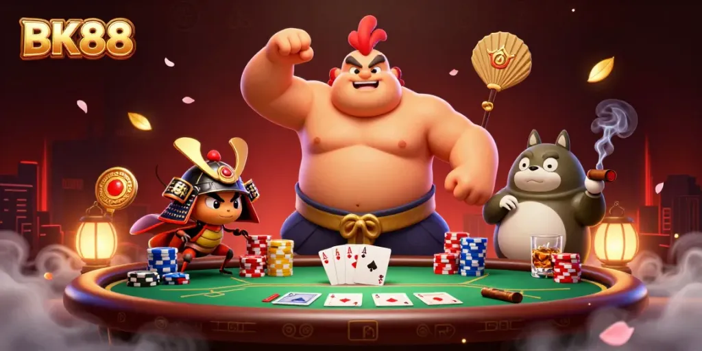 Engage with BK88's thrilling casino atmosphere, featuring colorful poker elements and dynamic characters.