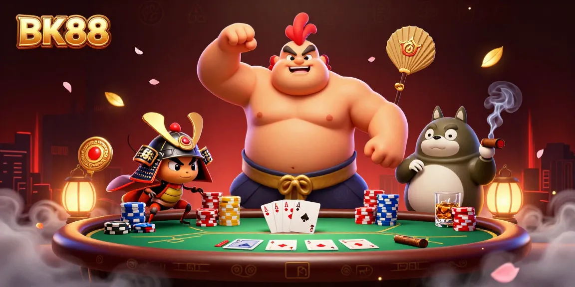 Engage with BK88's thrilling casino atmosphere, featuring colorful poker elements and dynamic characters.