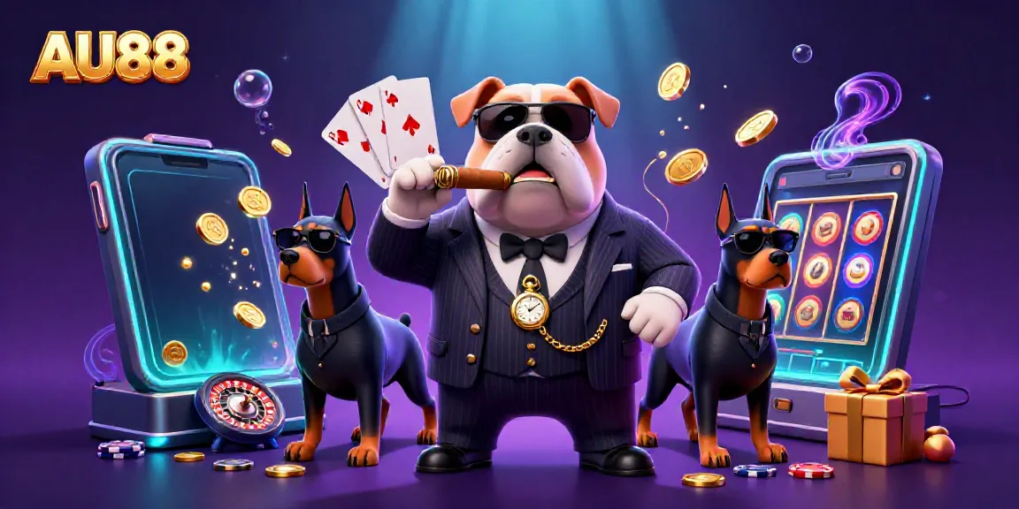 Engage in thrilling gameplay with AU88's vibrant casino scene featuring a mafia bulldog and Doberman bodyguards.