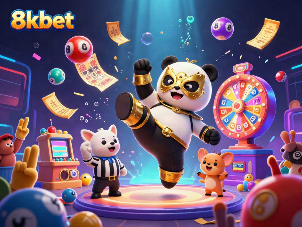 Experience the thrill of gaming with 8kbet as a panda wrestler celebrates victory surrounded by colorful casino elements.