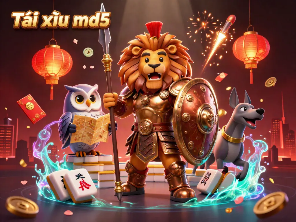 Experience the excitement of Tài xỉu md5 with a bronze Spartan lion and dynamic gaming elements.
