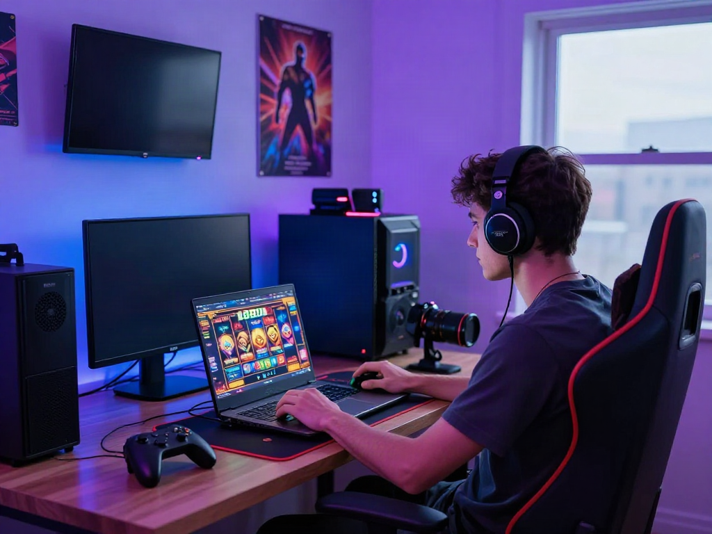 Player enjoying slot88 games in a vibrant gaming setup with advanced gear.