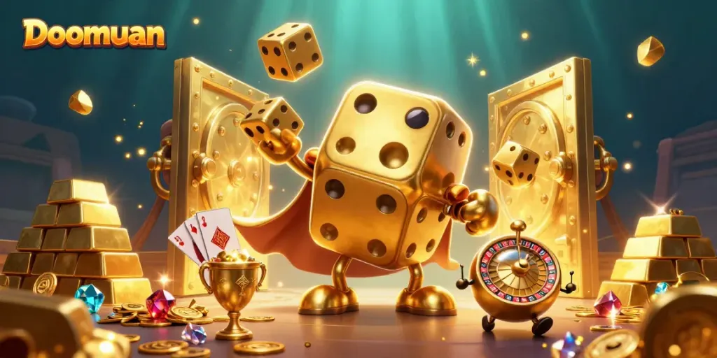 Doomuan's golden dice golem character beautifully juggling smaller dice amidst an explosion of treasure in a rich casino-themed scene.