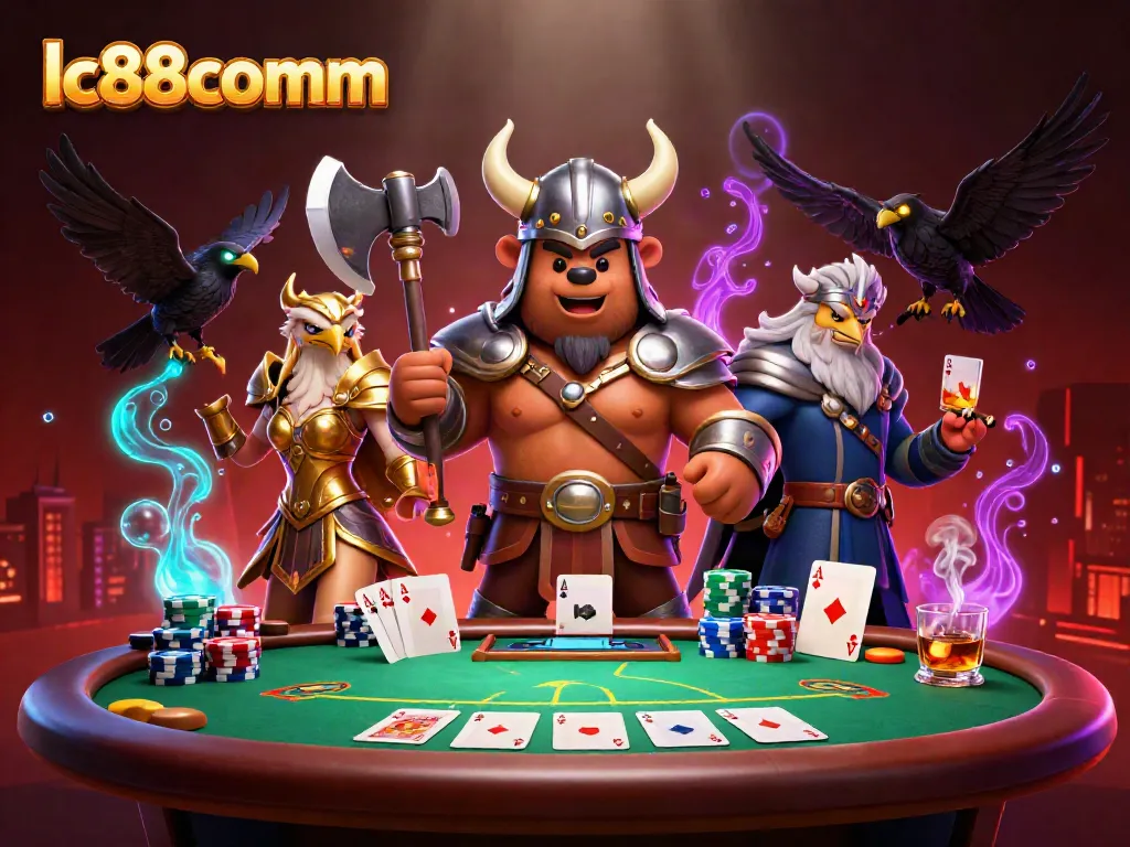 Engage in action-packed poker with lc88comm's colorful poker setup and characters.