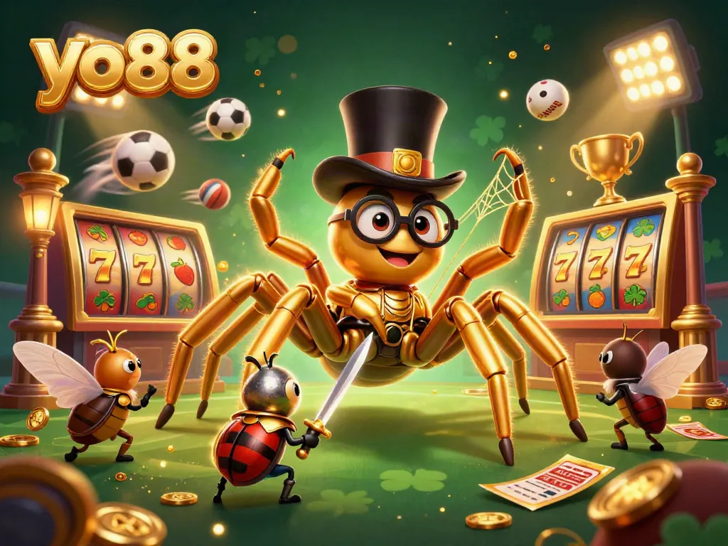 yo88 spins the reels of fortune as a golden tarantula weaves a celebratory atmosphere in a casino