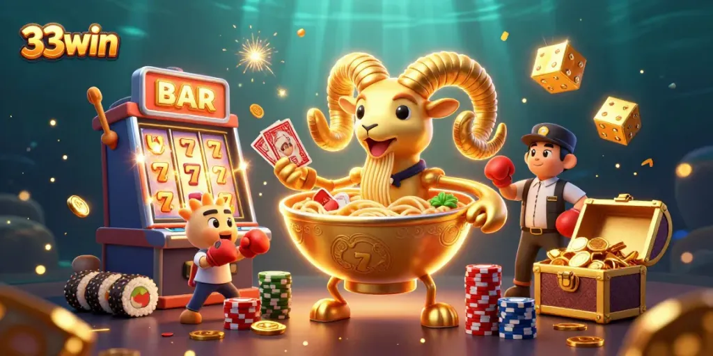 33win depiction of an animated casino scene with colorful characters, dynamic slots, and jackpot excitement.