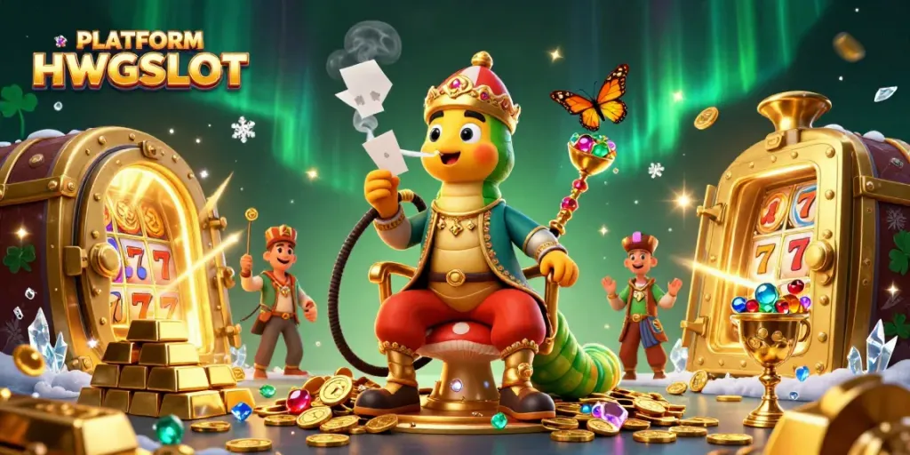 Experience the thrill of PLATFORM HWGSLOT with a 3D scene of a magical caterpillar and treasure.