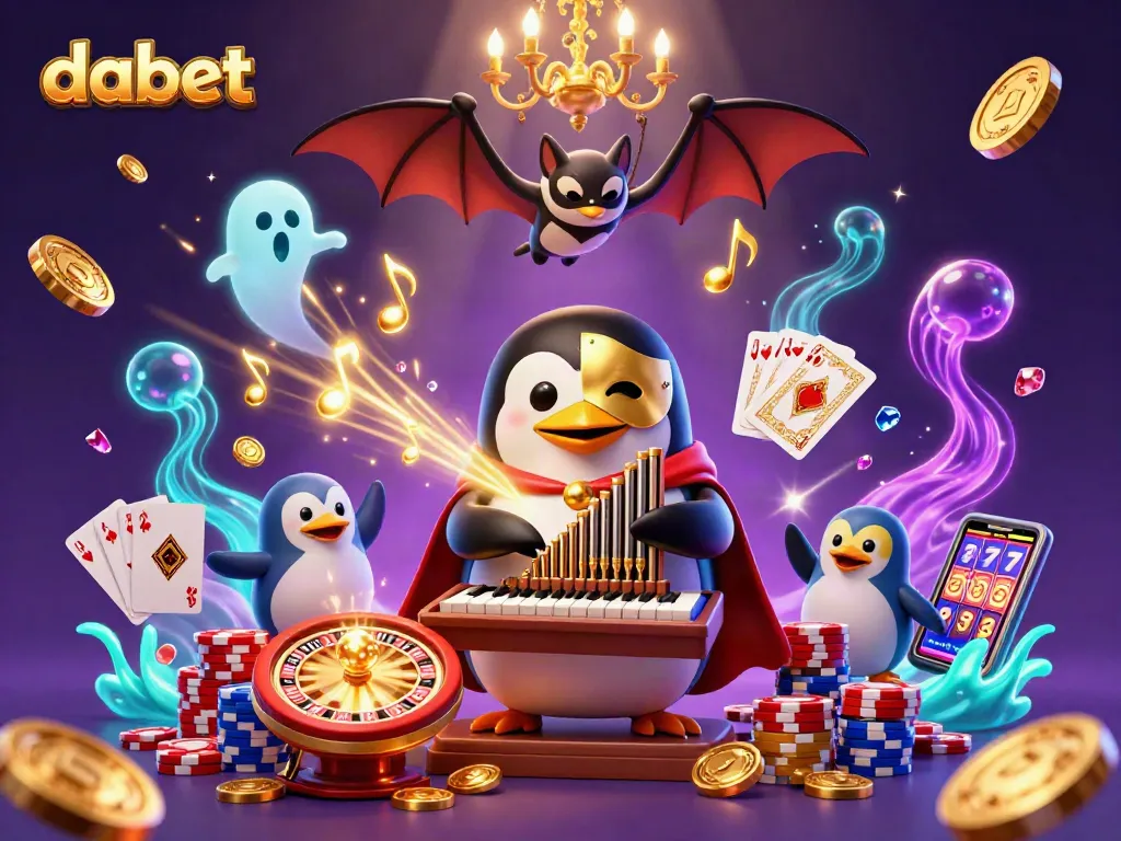 Experience dabet with a vibrant 3D scene filled with cascading coins, slot games, and lively casino action.